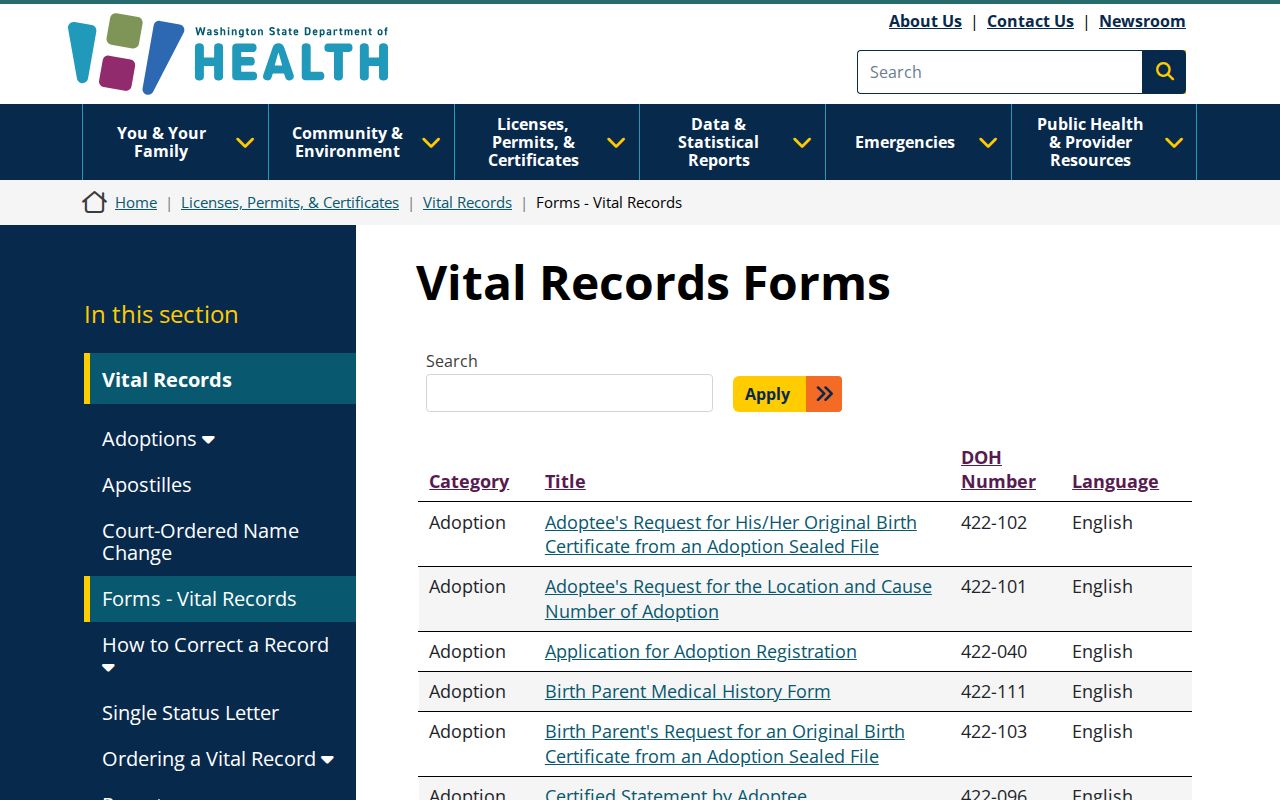 Maple Valley residents directory vital record forms